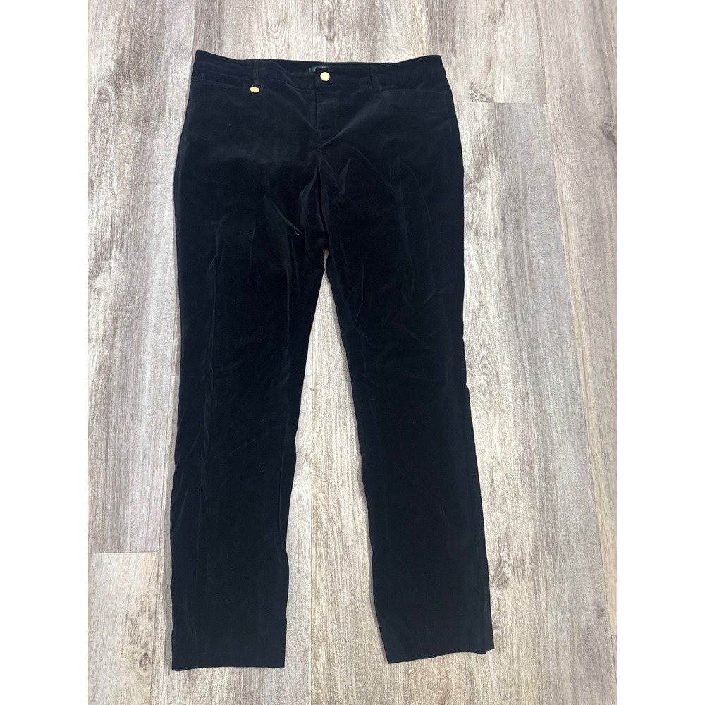 Lauren Ralph Lauren Black Velvet Straight Leg Pants Gold Hardware Womens Size 14